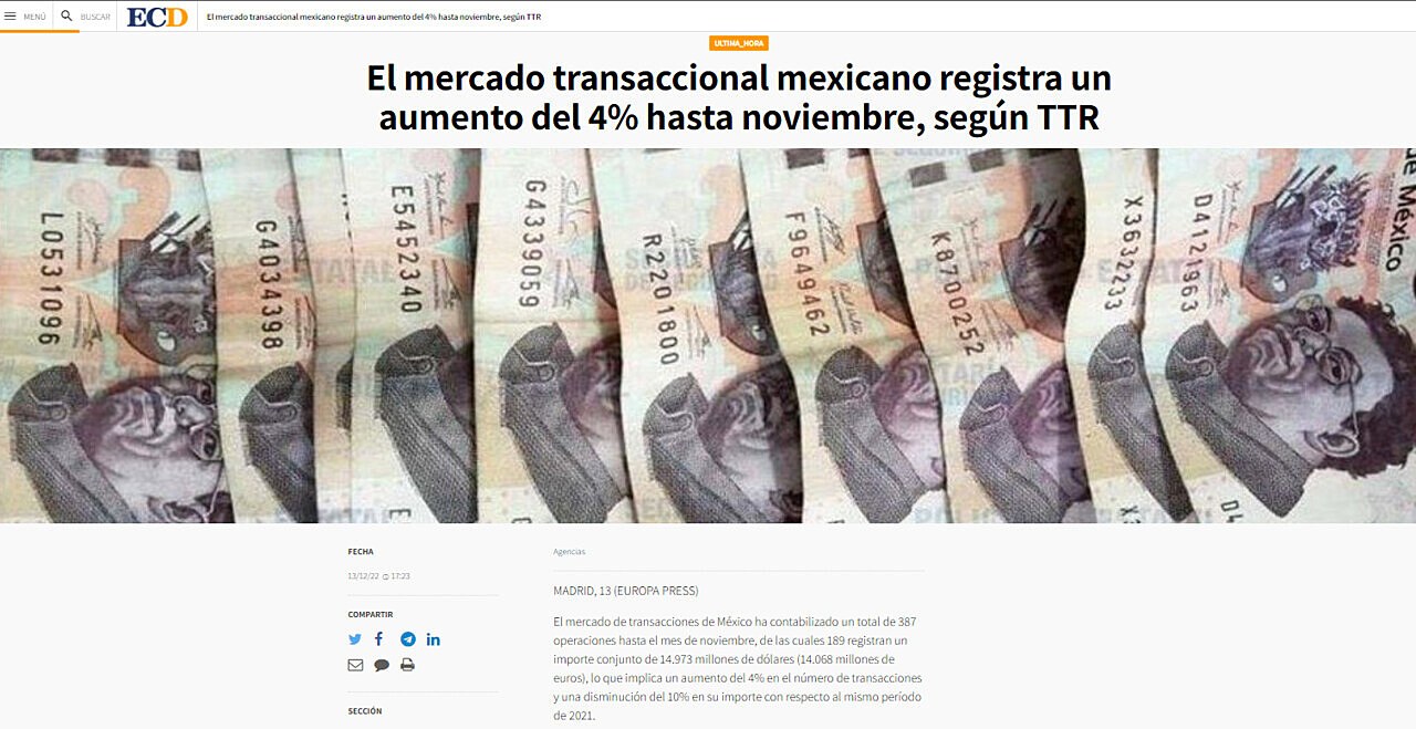 El mercado transaccional mexicano registra un aumento del 4% hasta noviembre, segn TTR